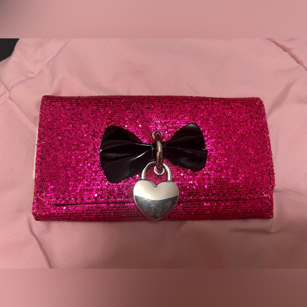 Pink Glitter Clutch with Bow and Heart Charm